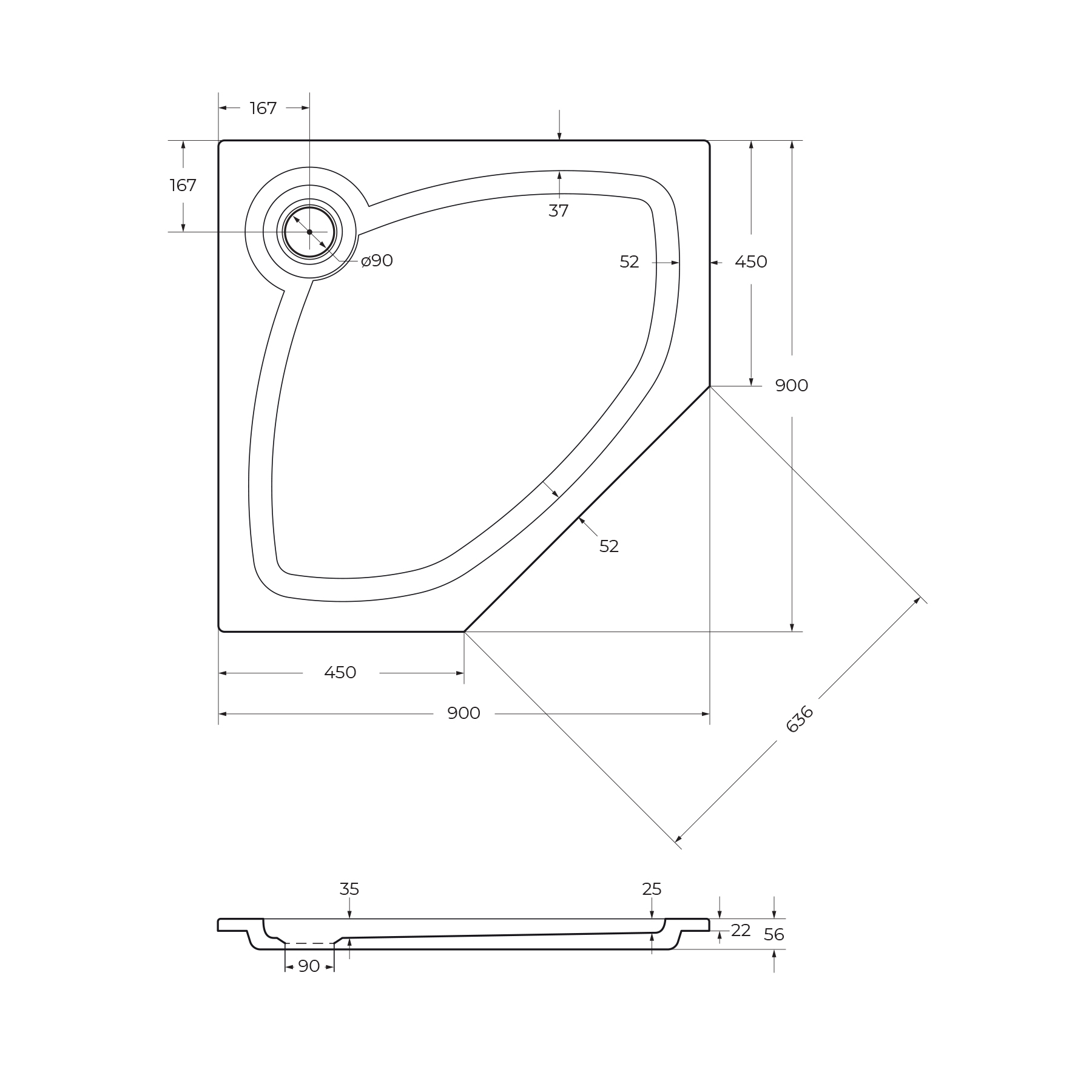 Поддон  из искусственного мрамора, пятиугольный
 TRAY-S-P-90-56-W 900x900x56 Cezares