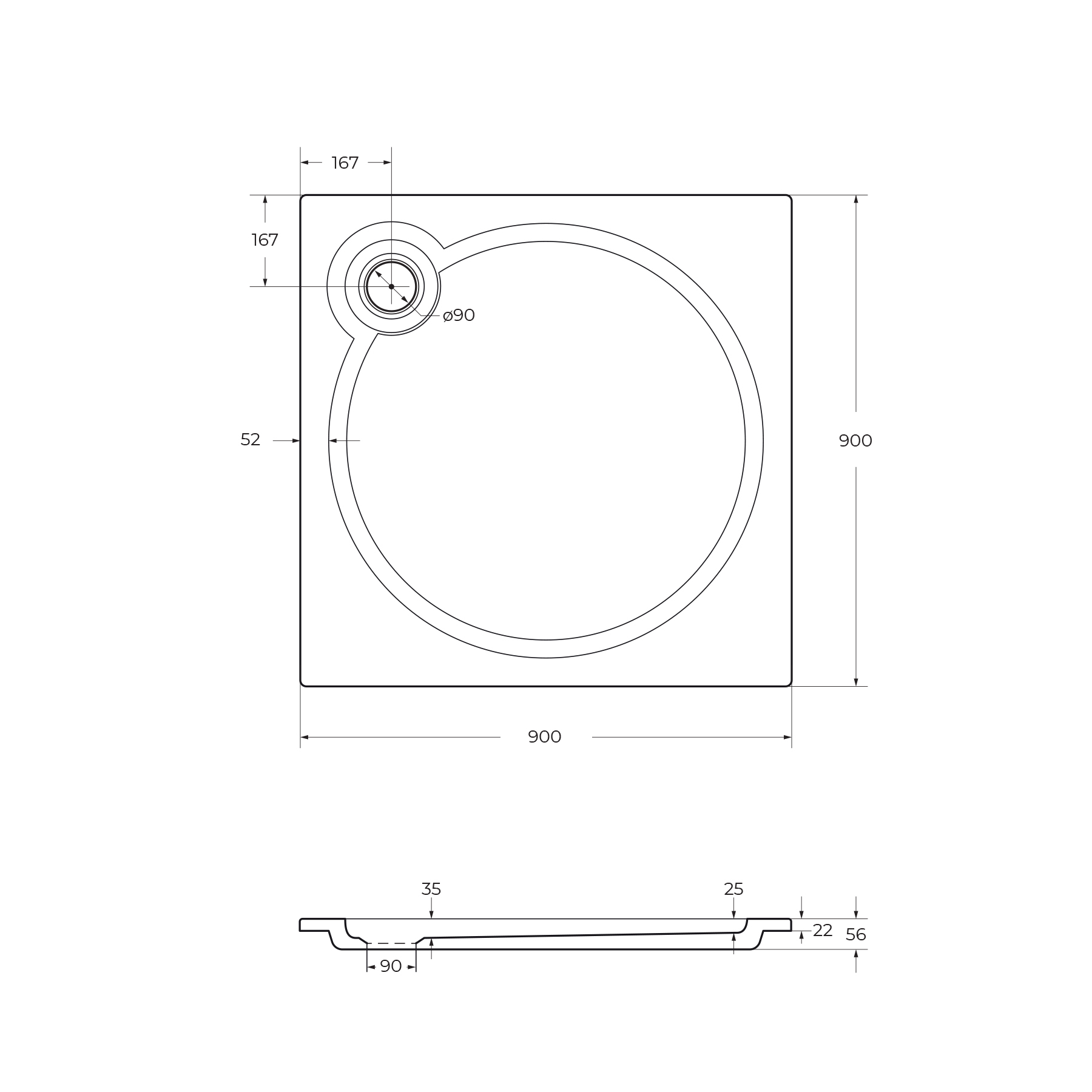 Поддон  из искусственного мрамора, квадратный
 TRAY-S-A-90-56-W 900x900x56 Cezares