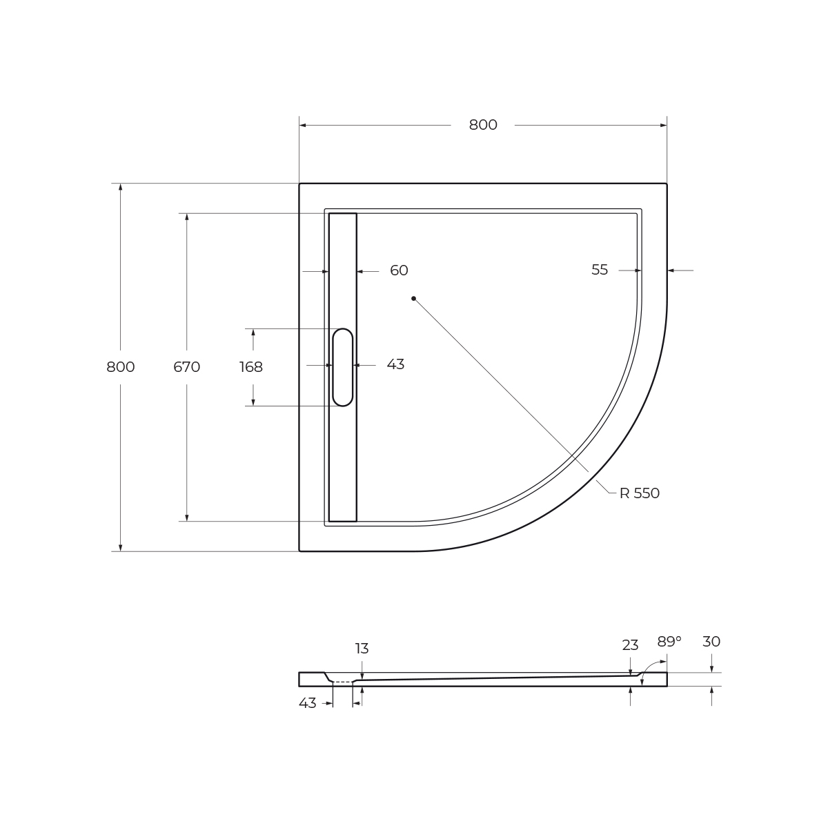 Поддон литой из искусственного мрамора, радиальный TRAY-AS-R-80-30-W 800x800x30 Cezares